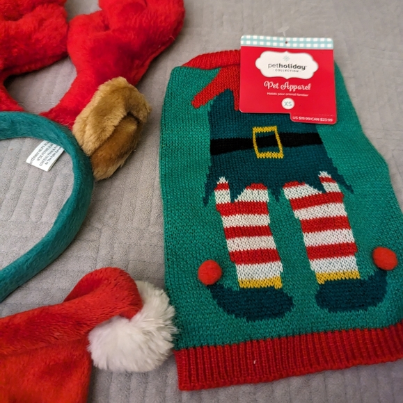 NWT 4 Piece Christmas Pet Head Toppers and XS Christmas Ugly Dog Sweater - Picture 2 of 5